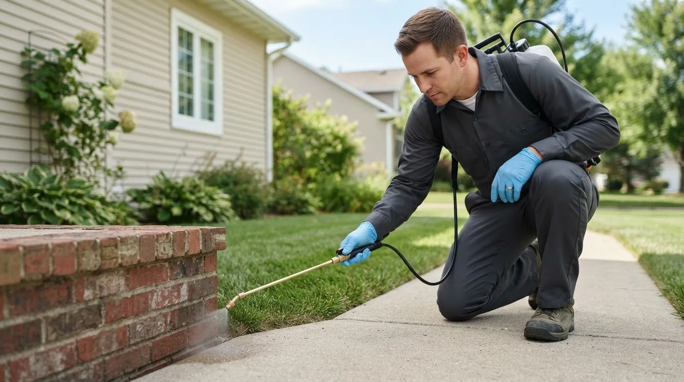 Pest control technician treating a home near Paynesville, WV