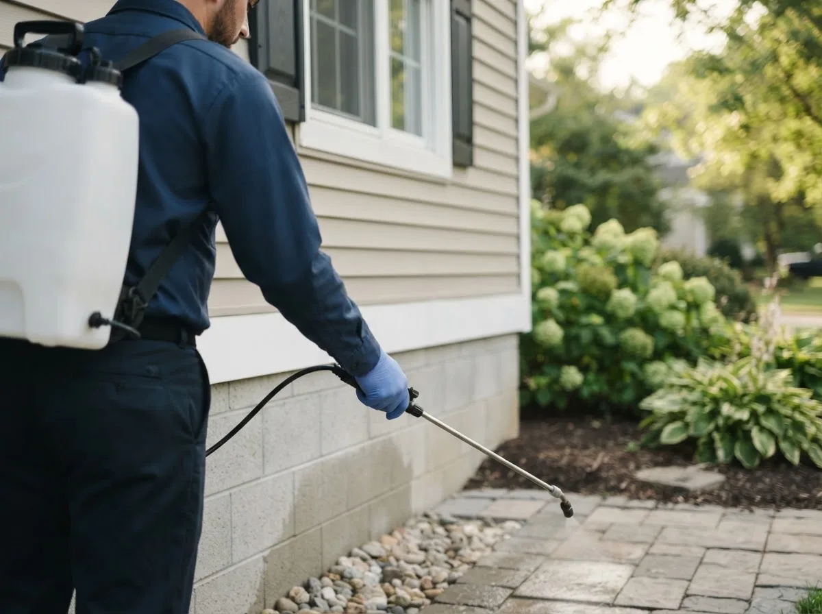Pest control technician inspecting a home in Paynesville, WV